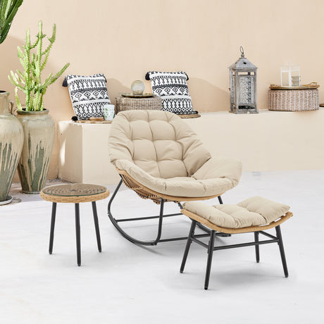 Benson 3-Piece Patio Rocking Chair with Ottoman and Table in Cream - Ornate Home