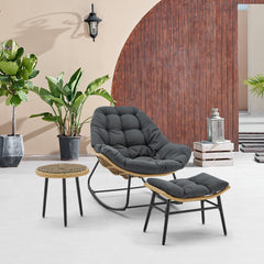 Benson 3-Piece Patio Rocking Chair with Ottoman and Table in Grey - Ornate Home