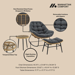 Benson 3-Piece Patio Rocking Chair with Ottoman and Table in Grey - Ornate Home