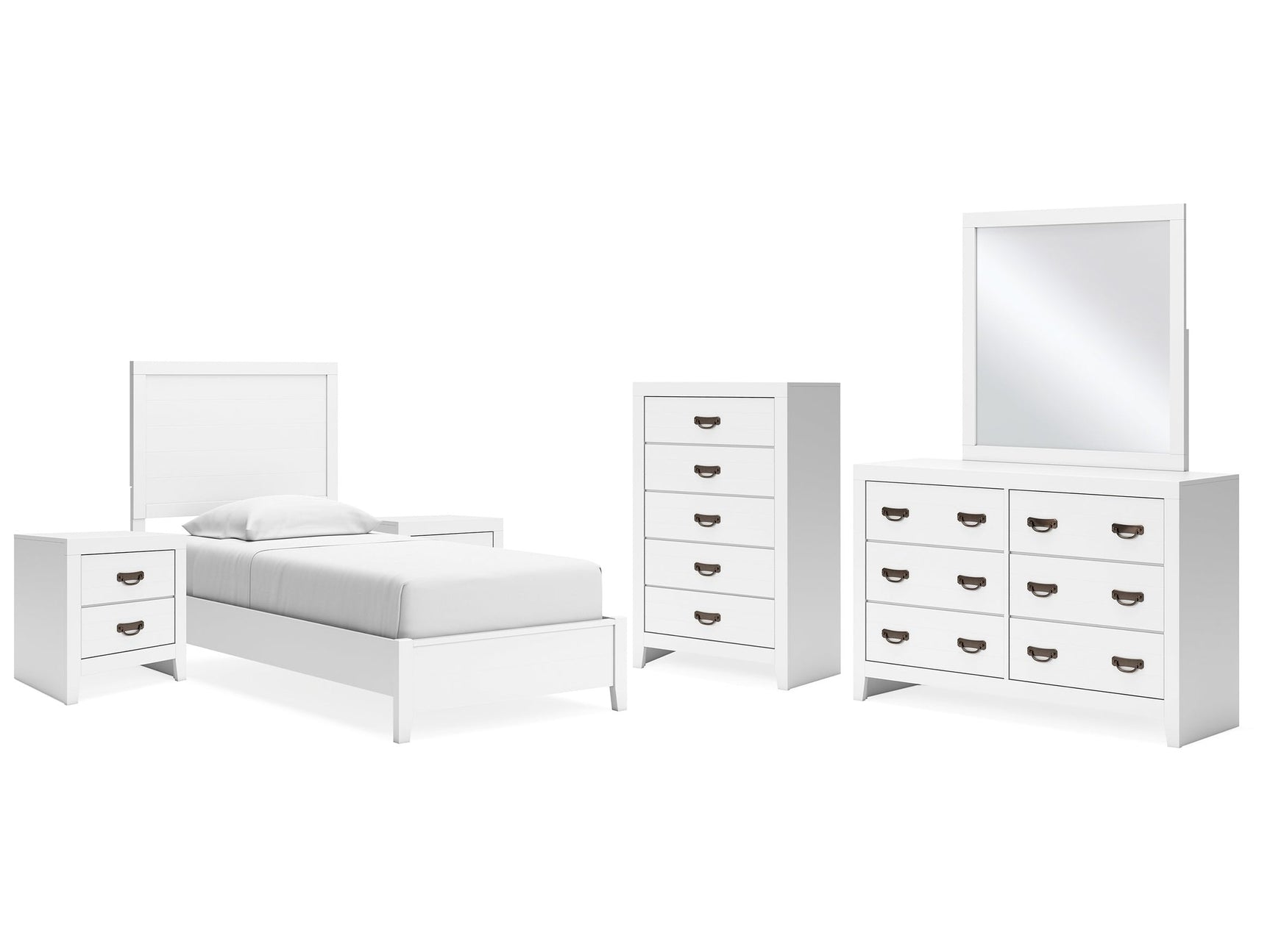 Binterglen White Twin Panel Bedroom Set with Dresser, Mirror, Chest and 2 Nightstands - Ornate Home