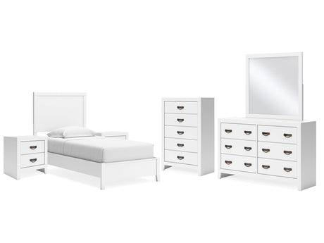 Binterglen White Twin Panel Bedroom Set with Dresser, Mirror, Chest and 2 Nightstands - Ornate Home