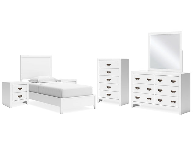 Binterglen White Twin Panel Bedroom Set with Dresser, Mirror, Chest and 2 Nightstands - Ornate Home