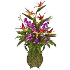 Bird of Paradise, Orchid and Fern Artificial Arrangement in Metal Planter - Ornate Home