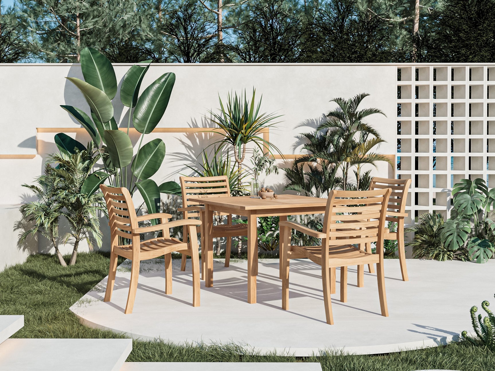 Birmingham 5-Piece Square Teak Outdoor Dining Set with Stacking Armchairs - Ornate Home