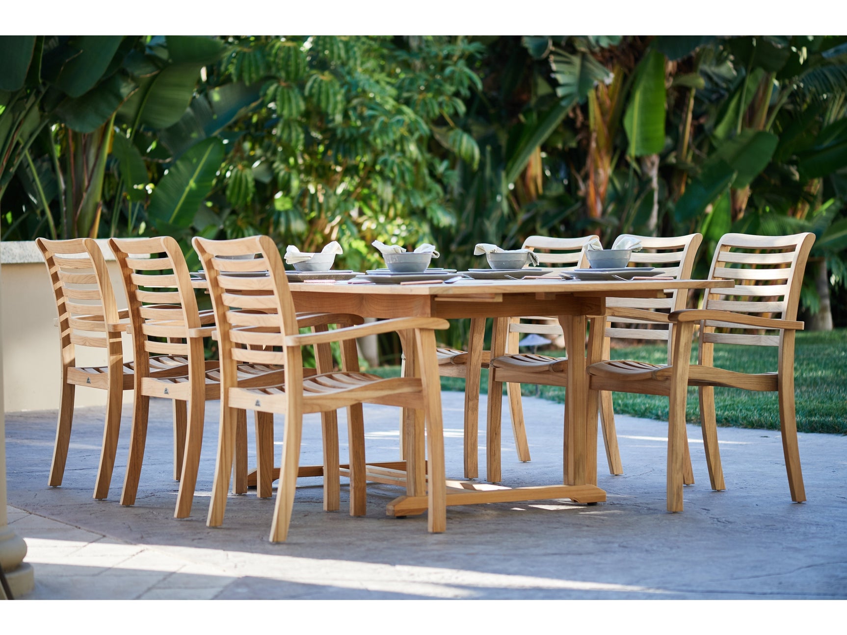 Birmingham 7-Piece Rectangular Teak Outdoor Dining Set with Extendable Table and Stacking Armchairs - Ornate Home