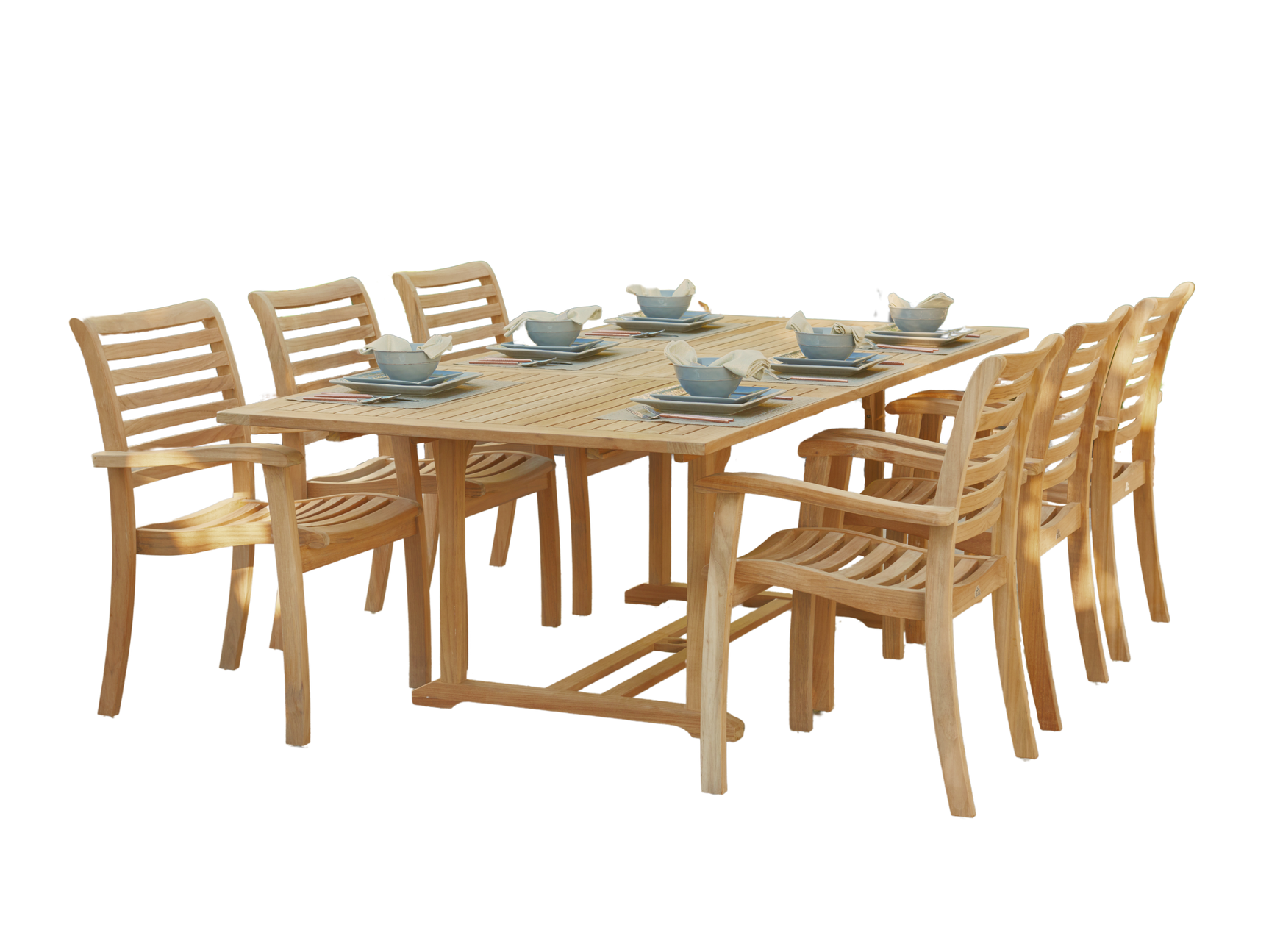 Birmingham 7-Piece Rectangular Teak Outdoor Dining Set with Extendable Table and Stacking Armchairs - Ornate Home