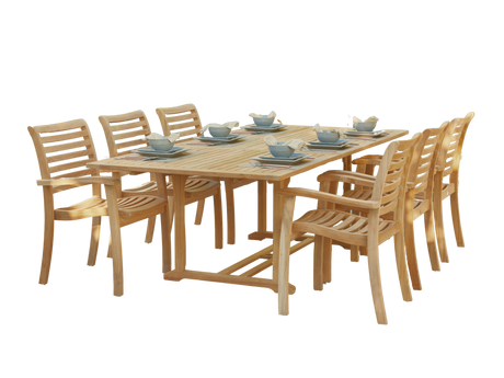 Birmingham 7-Piece Rectangular Teak Outdoor Dining Set with Extendable Table and Stacking Armchairs - Ornate Home
