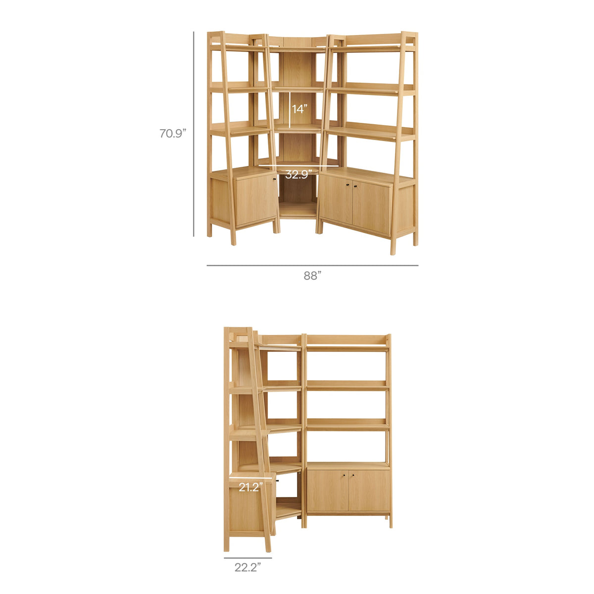 Bixby Oak 3 Piece Corner Bookshelf Set With Wide and Narrow Bookshelves - Ornate Home