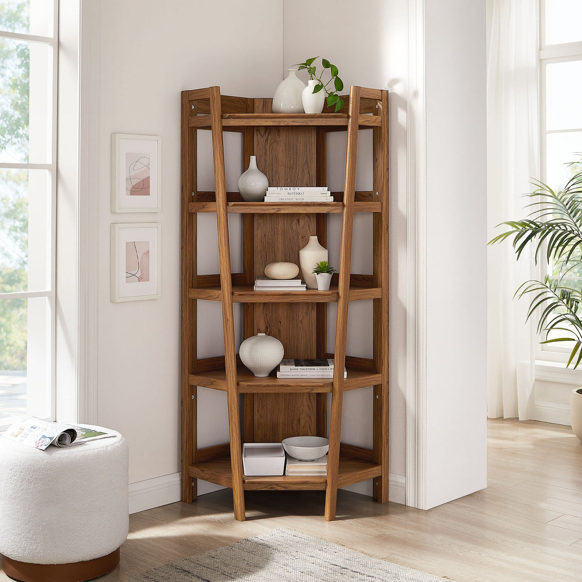 Bixby Walnut 71 Inch Corner Bookshelf - Ornate Home