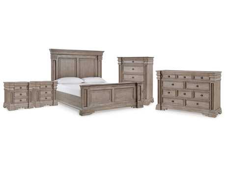 Blairhurst Light Grayish Brown King Panel Bedroom Set with Dresser, Chest and 2 Nightstands - Ornate Home
