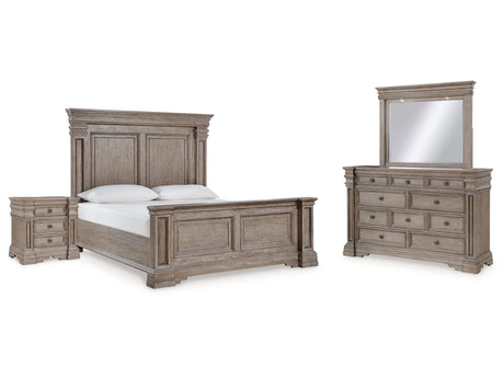Blairhurst Light Grayish Brown King Panel Bedroom Set with Dresser, Mirror and Nightstand - Ornate Home
