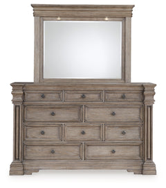 Blairhurst Light Grayish Brown King Panel Bedroom Set with Dresser, Mirror and Nightstand - Ornate Home