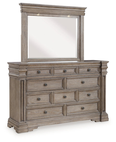 Blairhurst Light Grayish Brown King Panel Bedroom Set with Dresser, Mirror and Nightstand - Ornate Home