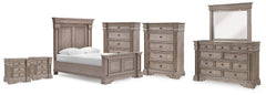 Blairhurst Light Grayish Brown Queen Panel Bed. Dresser, Mirror, 2 Chests and 2 Nightstands - Ornate Home
