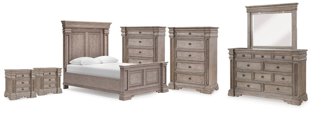 Blairhurst Light Grayish Brown Queen Panel Bed. Dresser, Mirror, 2 Chests and 2 Nightstands - Ornate Home