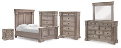 Blairhurst Light Grayish Brown Queen Panel Bed, Dresser, Mirror, 2 Chests and Nightstand - Ornate Home