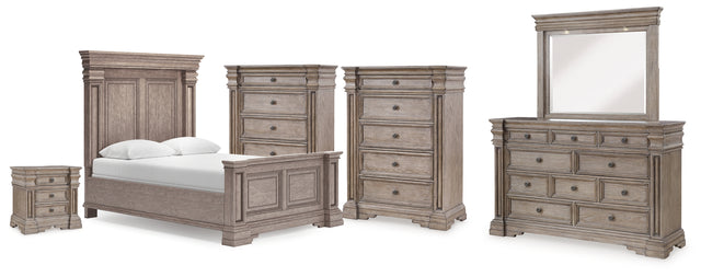 Blairhurst Light Grayish Brown Queen Panel Bed, Dresser, Mirror, 2 Chests and Nightstand - Ornate Home