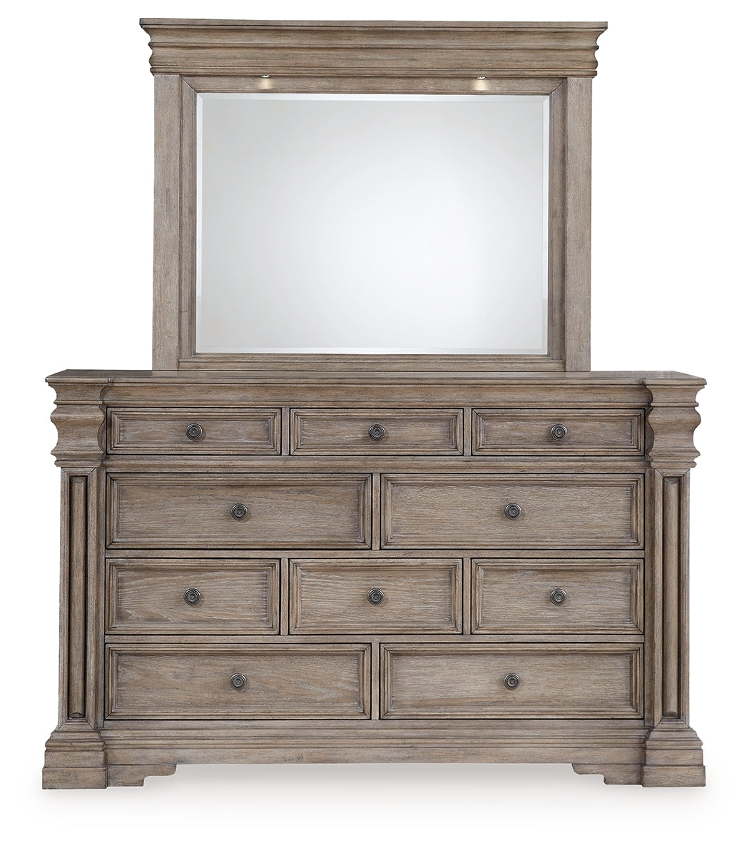 Blairhurst Light Grayish Brown Queen Panel Bed, Dresser, Mirror, 2 Chests and Nightstand - Ornate Home