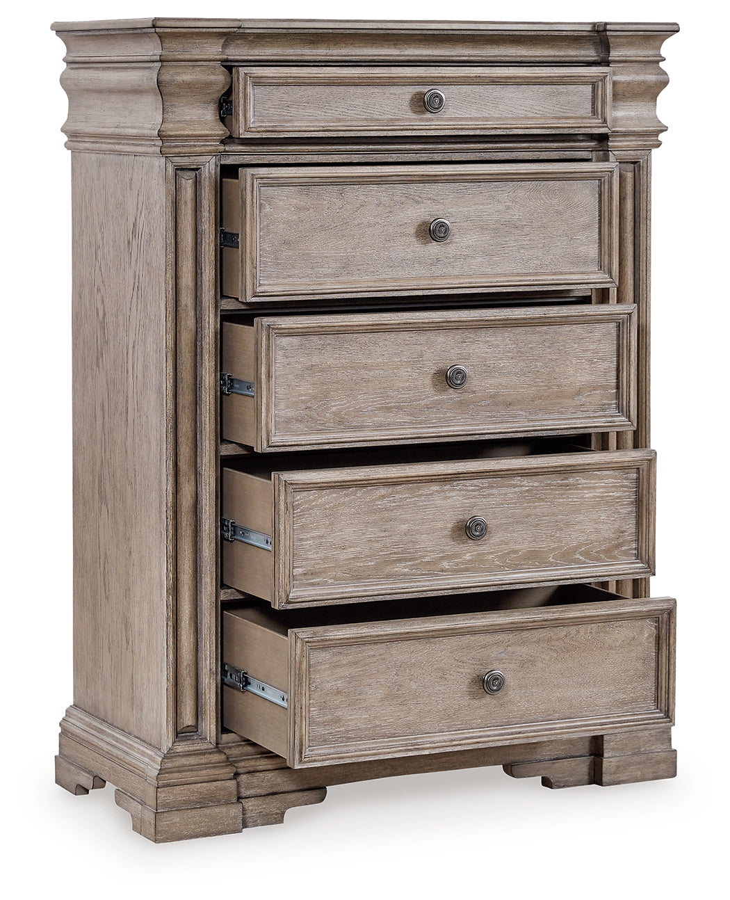 Blairhurst Light Grayish Brown Queen Panel Bed, Dresser, Mirror, 2 Chests and Nightstand - Ornate Home
