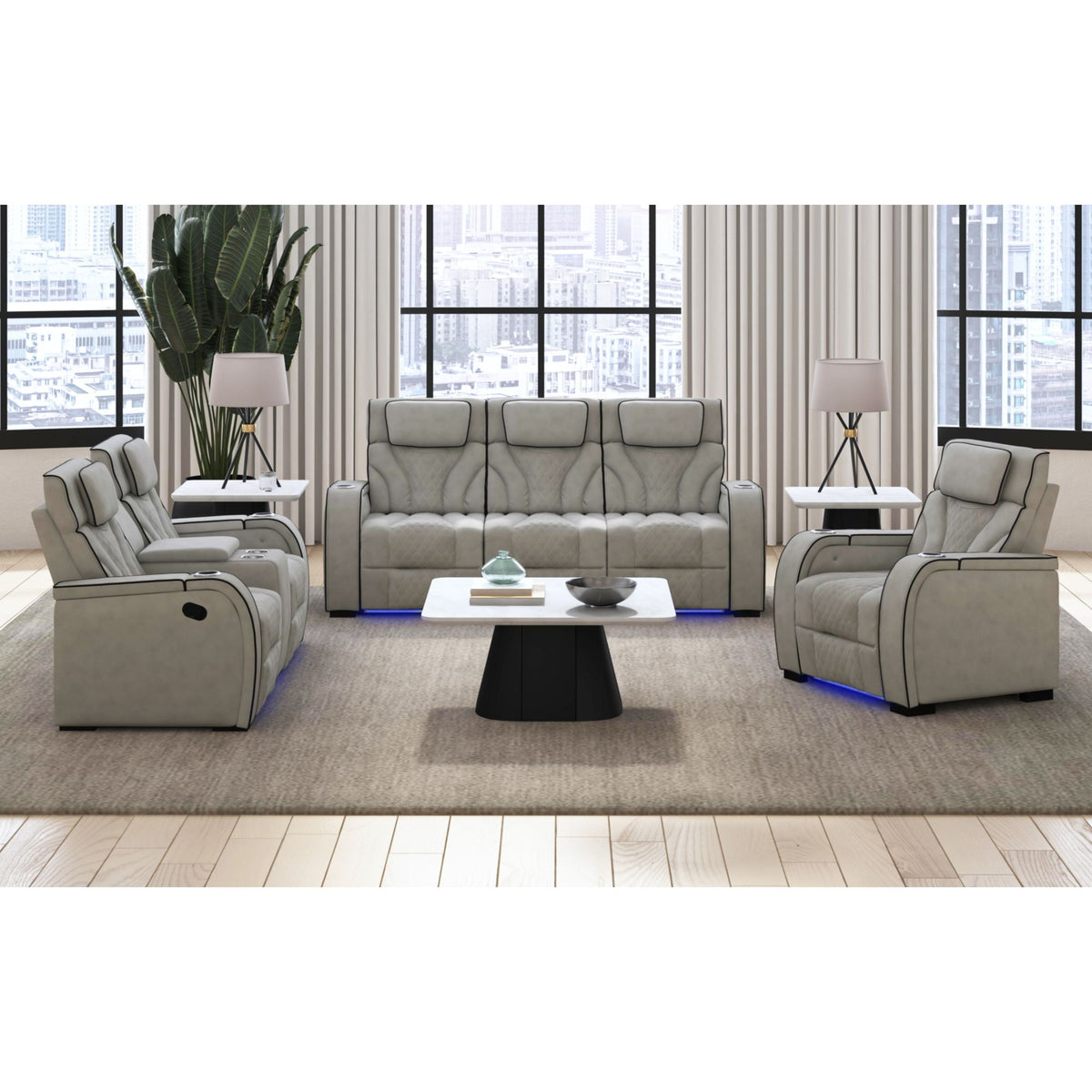 Blitz Simba Taupe/Black Welt Motion Loveseat with Console, and LED - Ornate Home