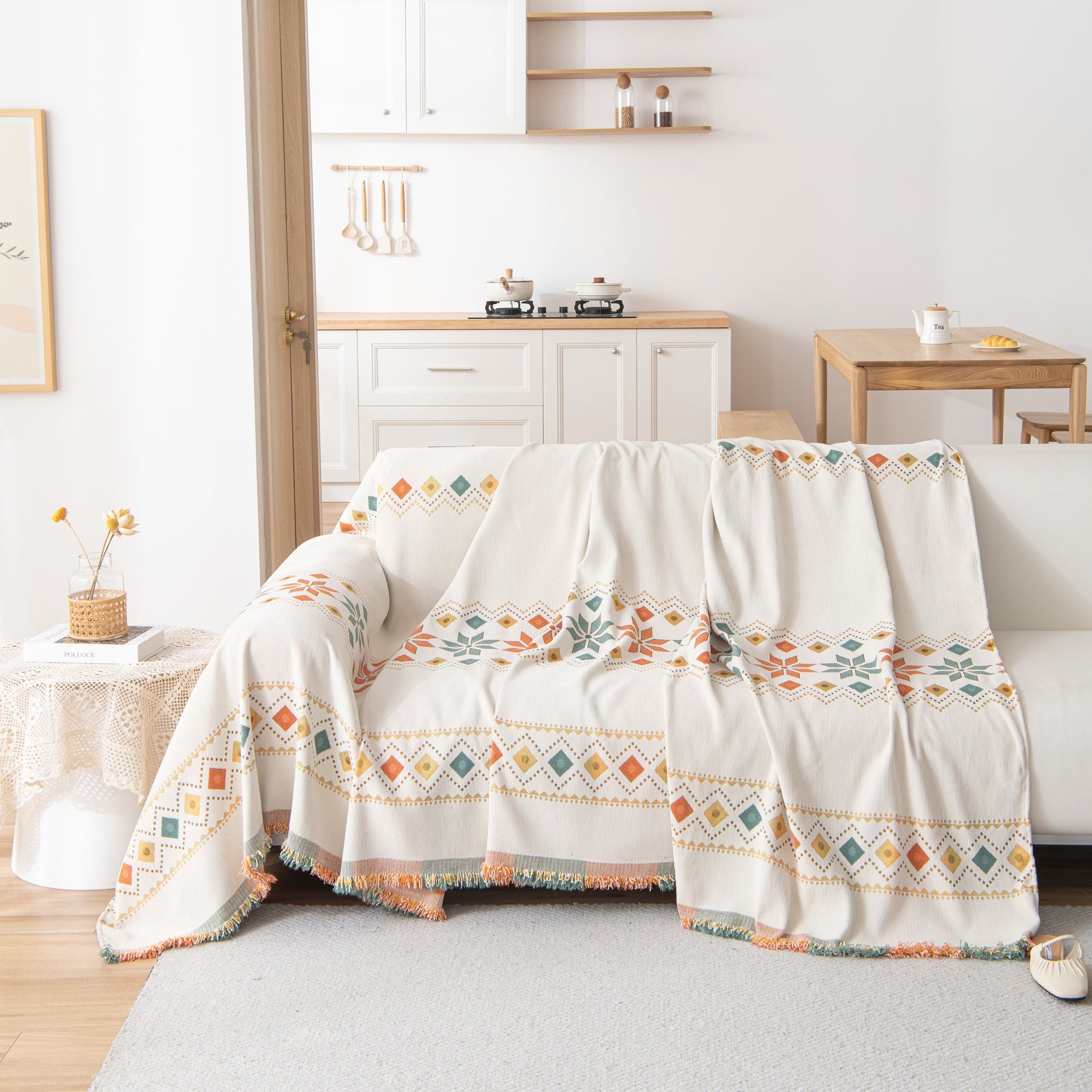 Bohemian Geometric Sofa Throw Cover, Cozy & Protective Ethnic-Inspired Couch Cover - Ornate Home