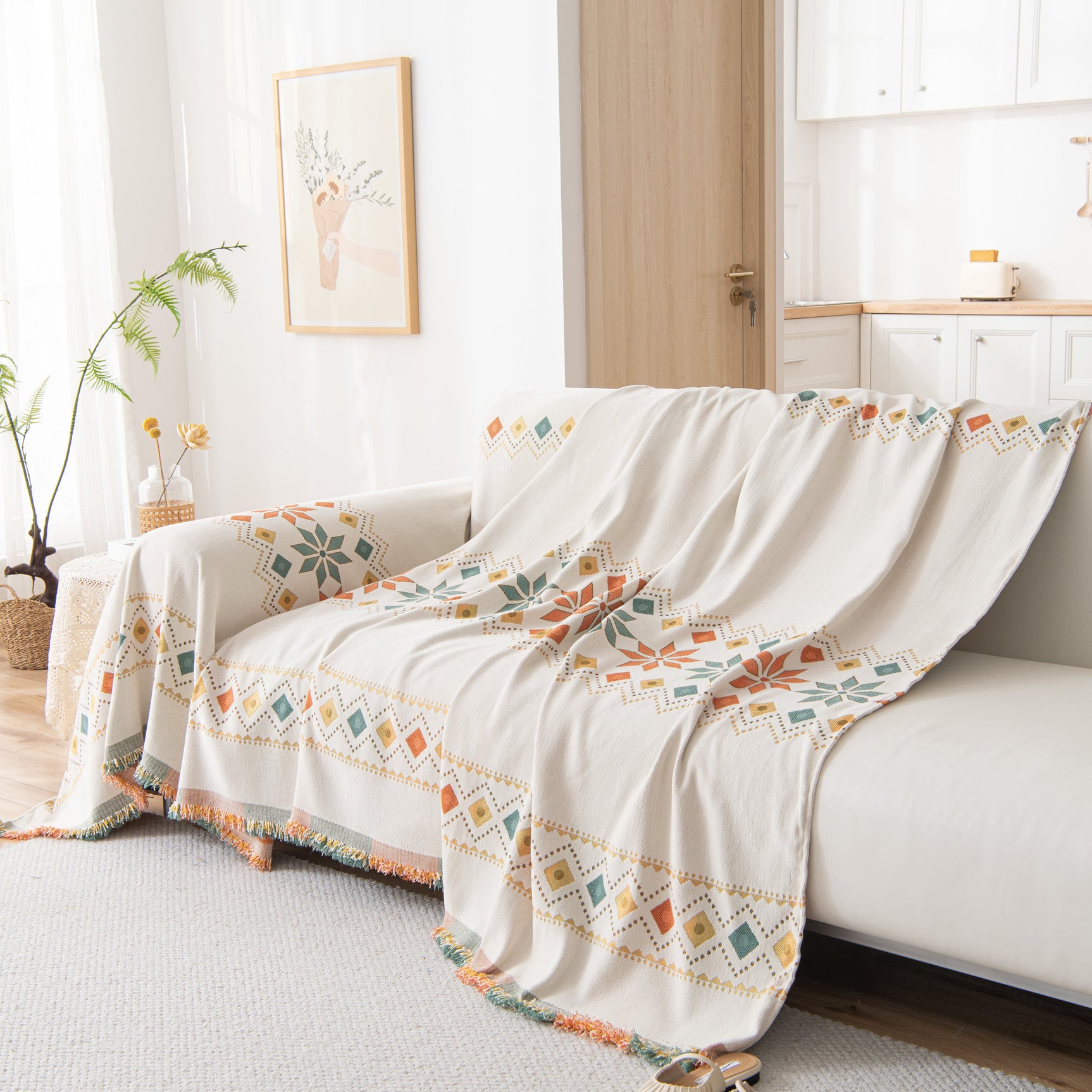 Bohemian Geometric Sofa Throw Cover, Cozy & Protective Ethnic-Inspired Couch Cover - Ornate Home