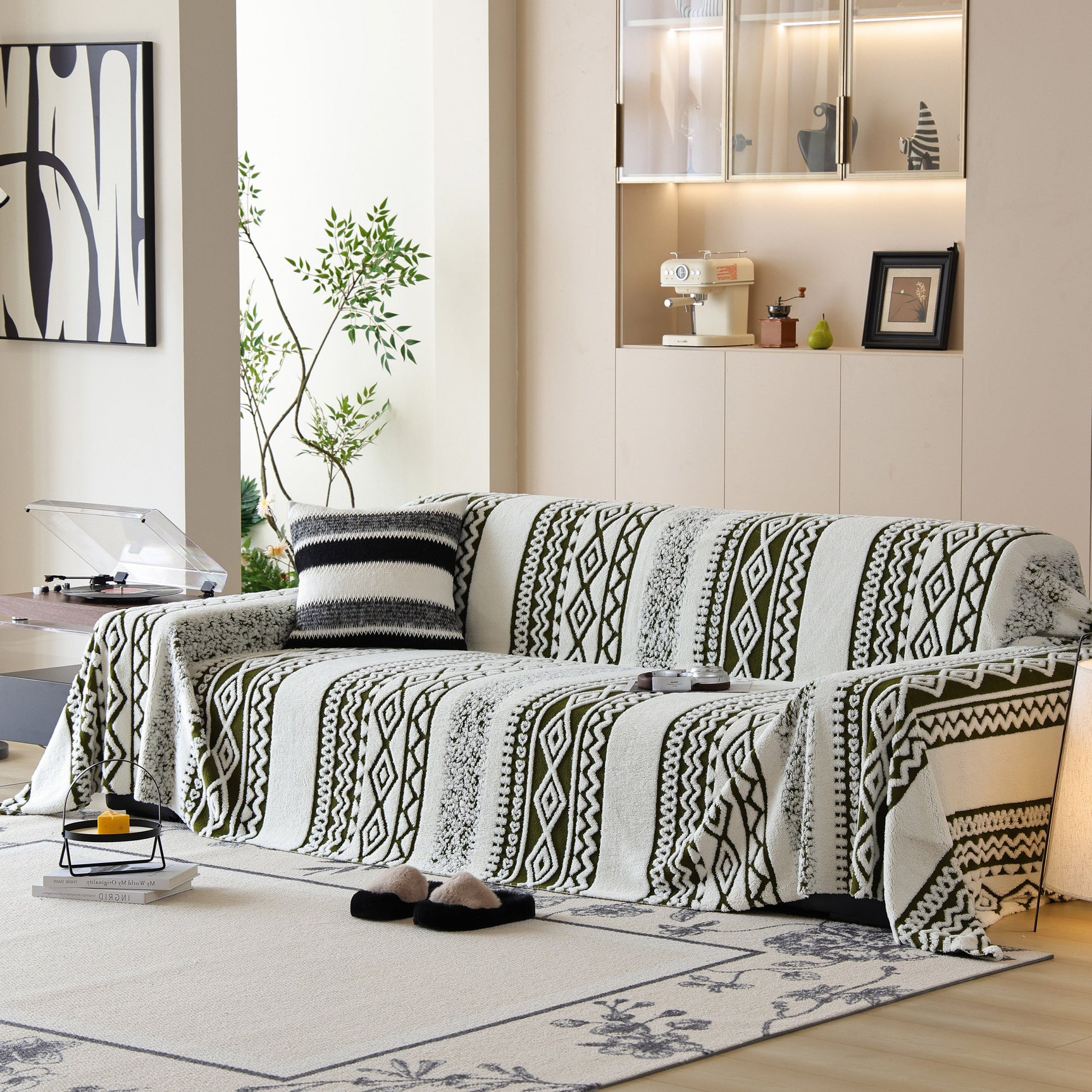 Bohemian Tufted Sofa Cover, Plush Fleece Throw Blanket with 3D Woven Aztec Stripes