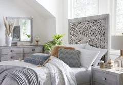Boho Chic Carved California King Platform Bed in Washed White - Ornate Home