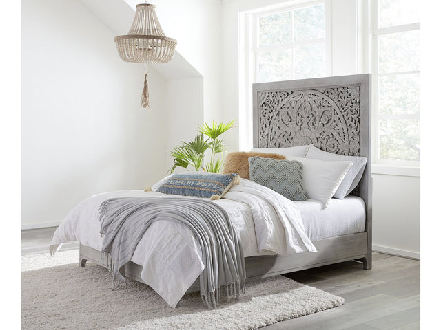 Boho Chic Carved Queen Platform Bed in Washed White - Ornate Home