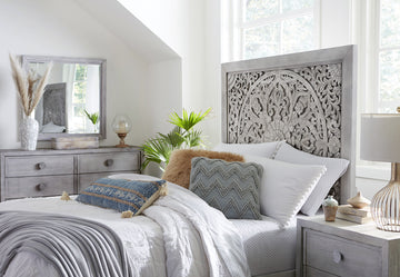 Boho Chic Carved Queen Platform Bed in Washed White - Ornate Home