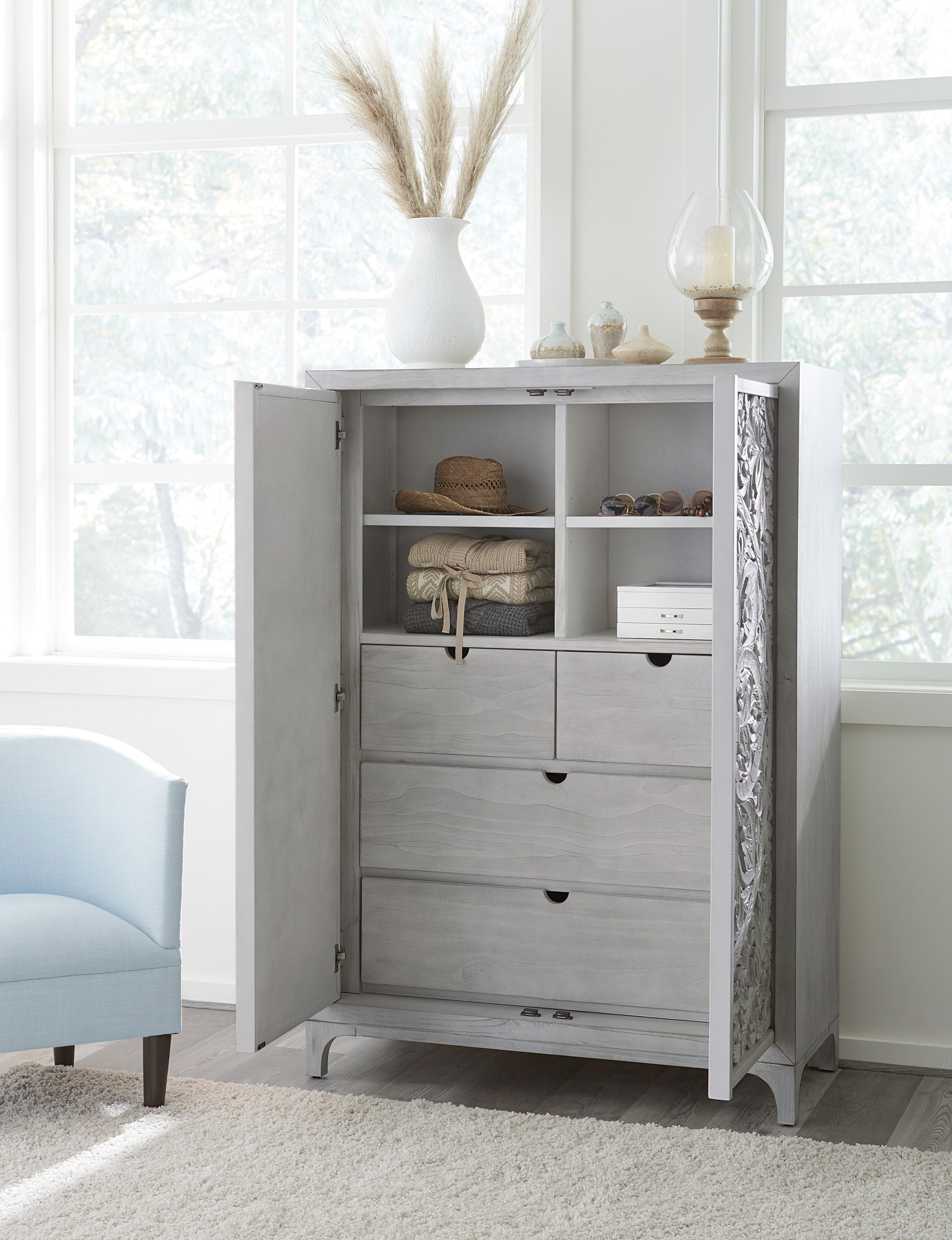 Boho Chic Wardrobe Chest in Washed White - Ornate Home