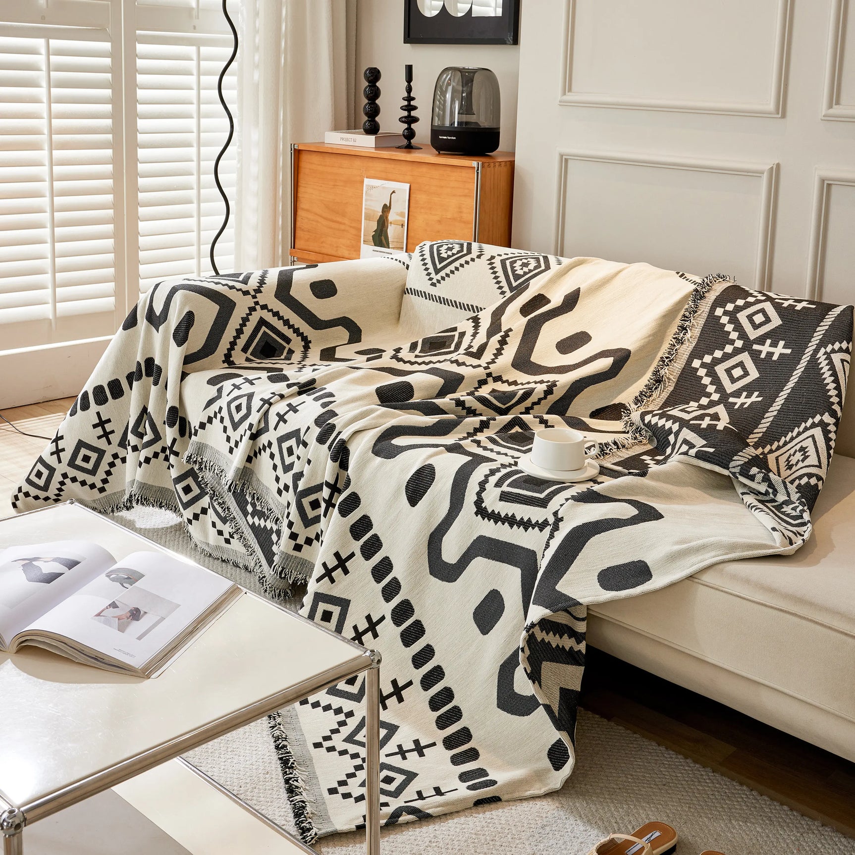 Boho Geometric Chenille Throw Sofa Cover Soft Textured Decorative Couch Blanket - Ornate Home
