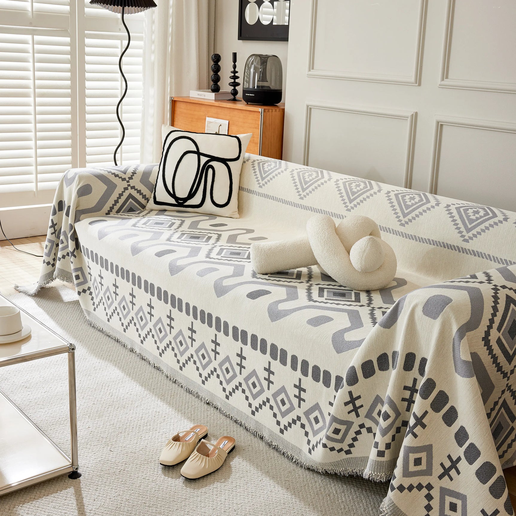 Boho Geometric Chenille Throw Sofa Cover Soft Textured Decorative Couch Blanket - Ornate Home