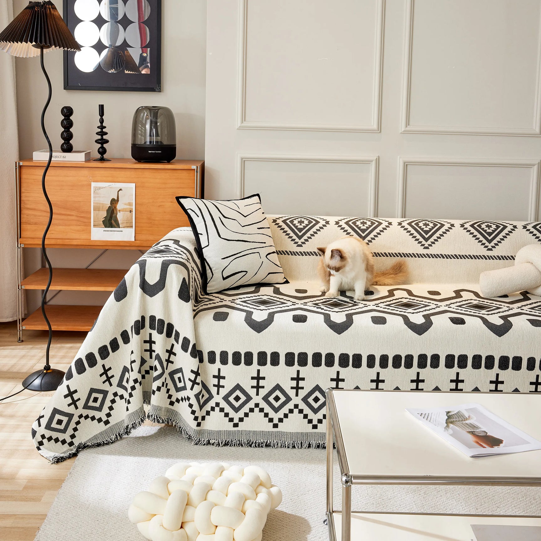 Boho Geometric Chenille Throw Sofa Cover Soft Textured Decorative Couch Blanket - Ornate Home