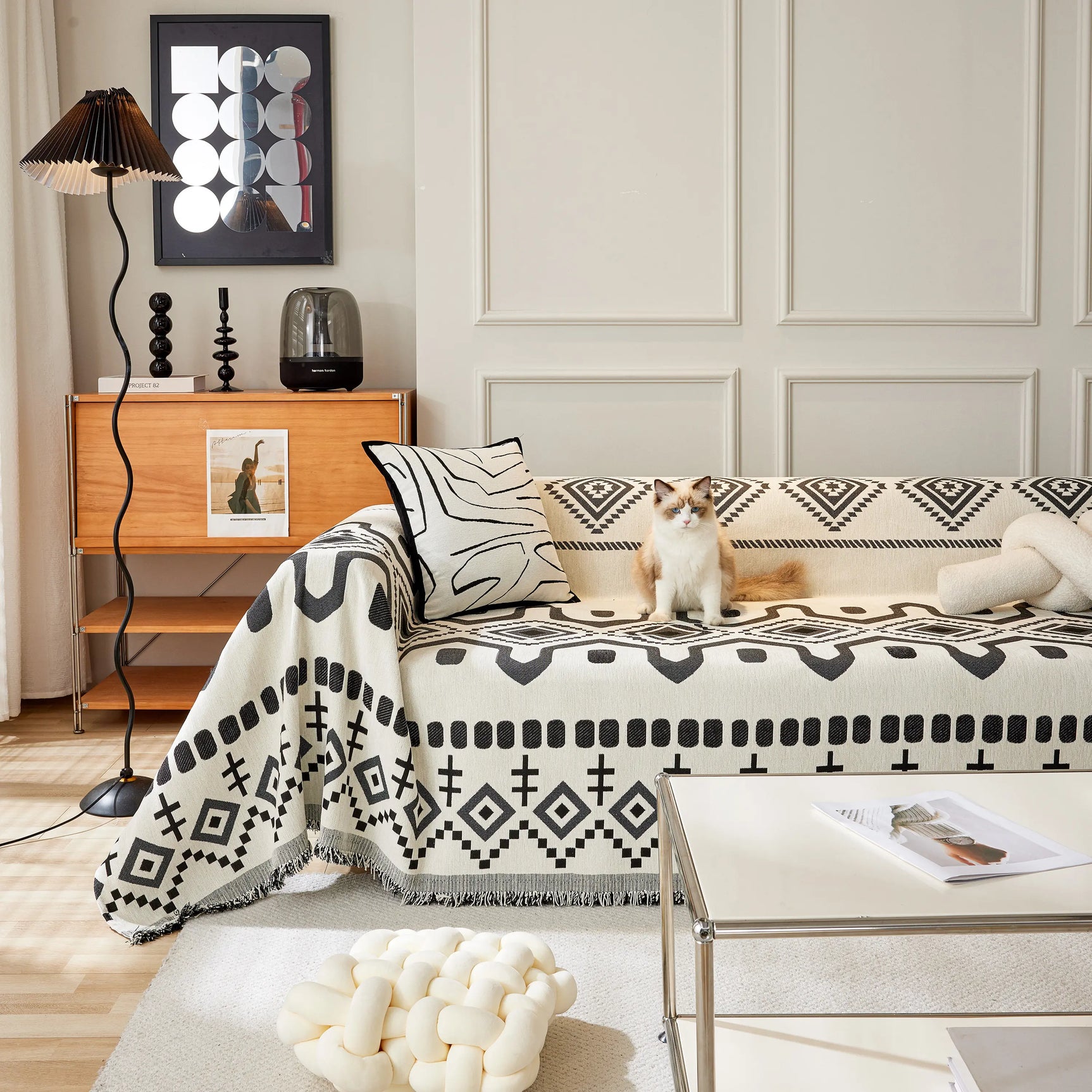 Boho Geometric Chenille Throw Sofa Cover Soft Textured Decorative Couch Blanket - Ornate Home