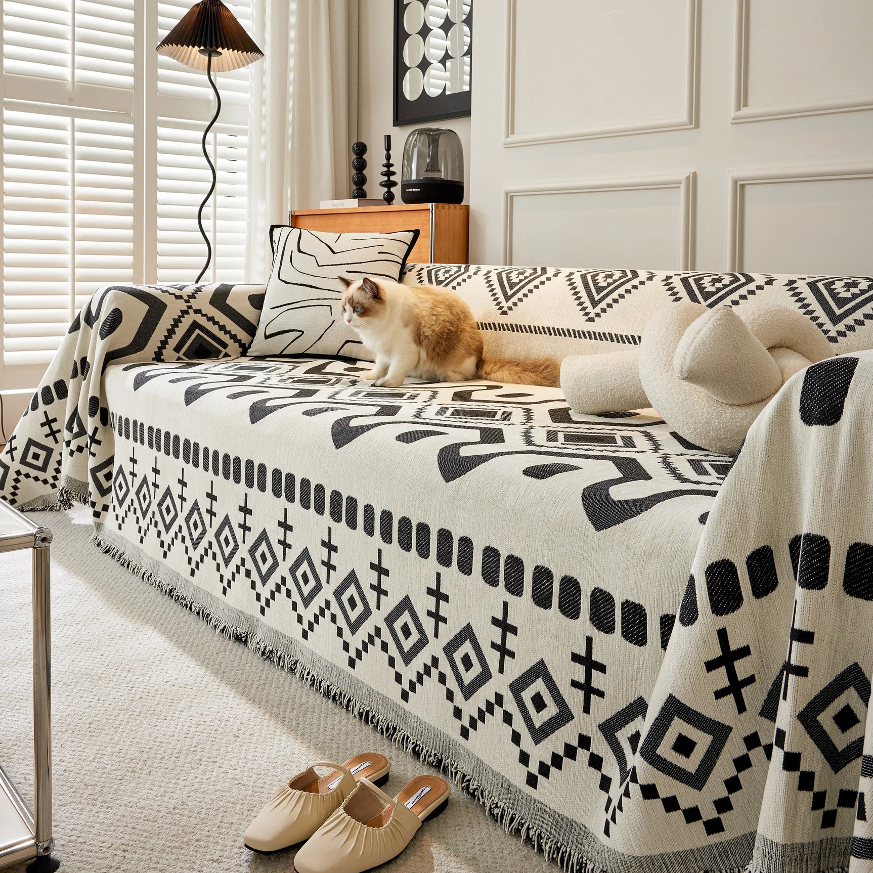 Boho Geometric Chenille Throw Sofa Cover Soft Textured Decorative Couch Blanket - Ornate Home