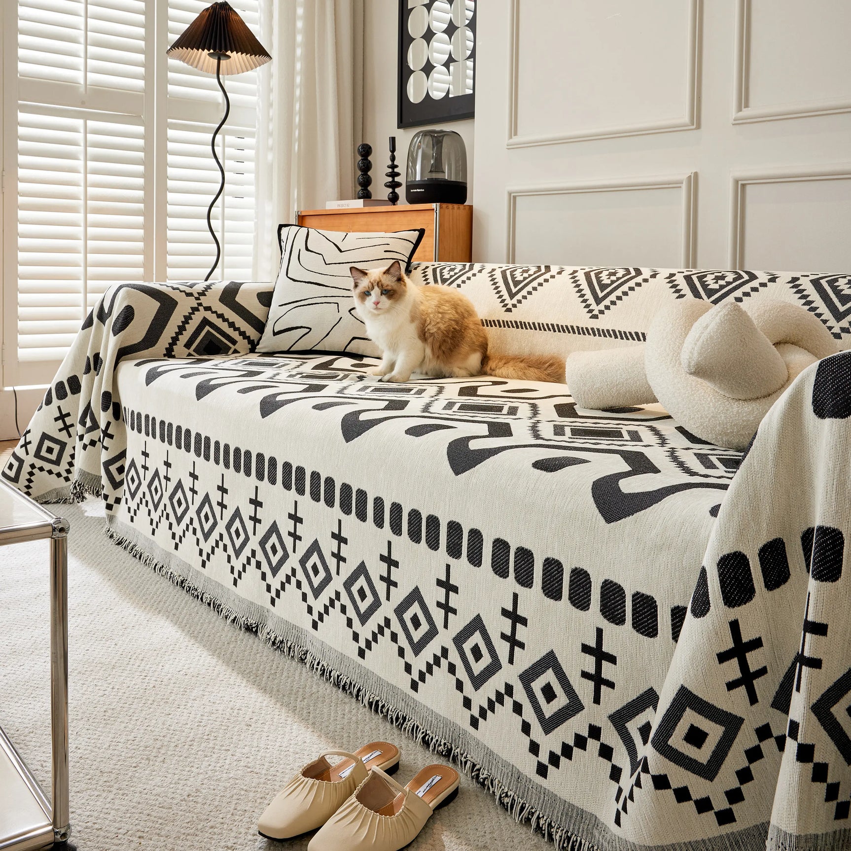 Boho Geometric Chenille Throw Sofa Cover Soft Textured Decorative Couch Blanket - Ornate Home