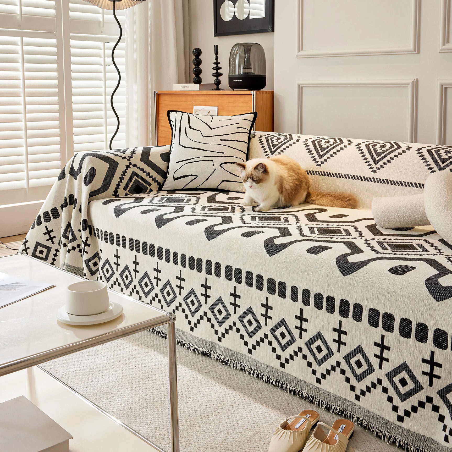 Boho Geometric Chenille Throw Sofa Cover Soft Textured Decorative Couch Blanket - Ornate Home