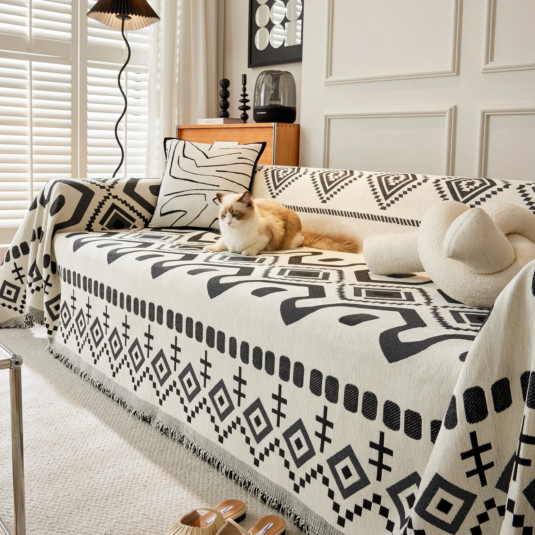 Boho Geometric Chenille Throw Sofa Cover Soft Textured Decorative Couch Blanket - Ornate Home