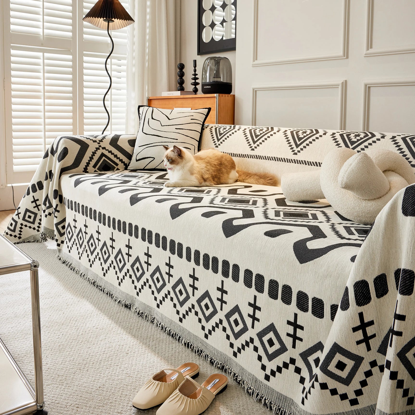 Boho Geometric Chenille Throw Sofa Cover Soft Textured Decorative Couch Blanket - Ornate Home