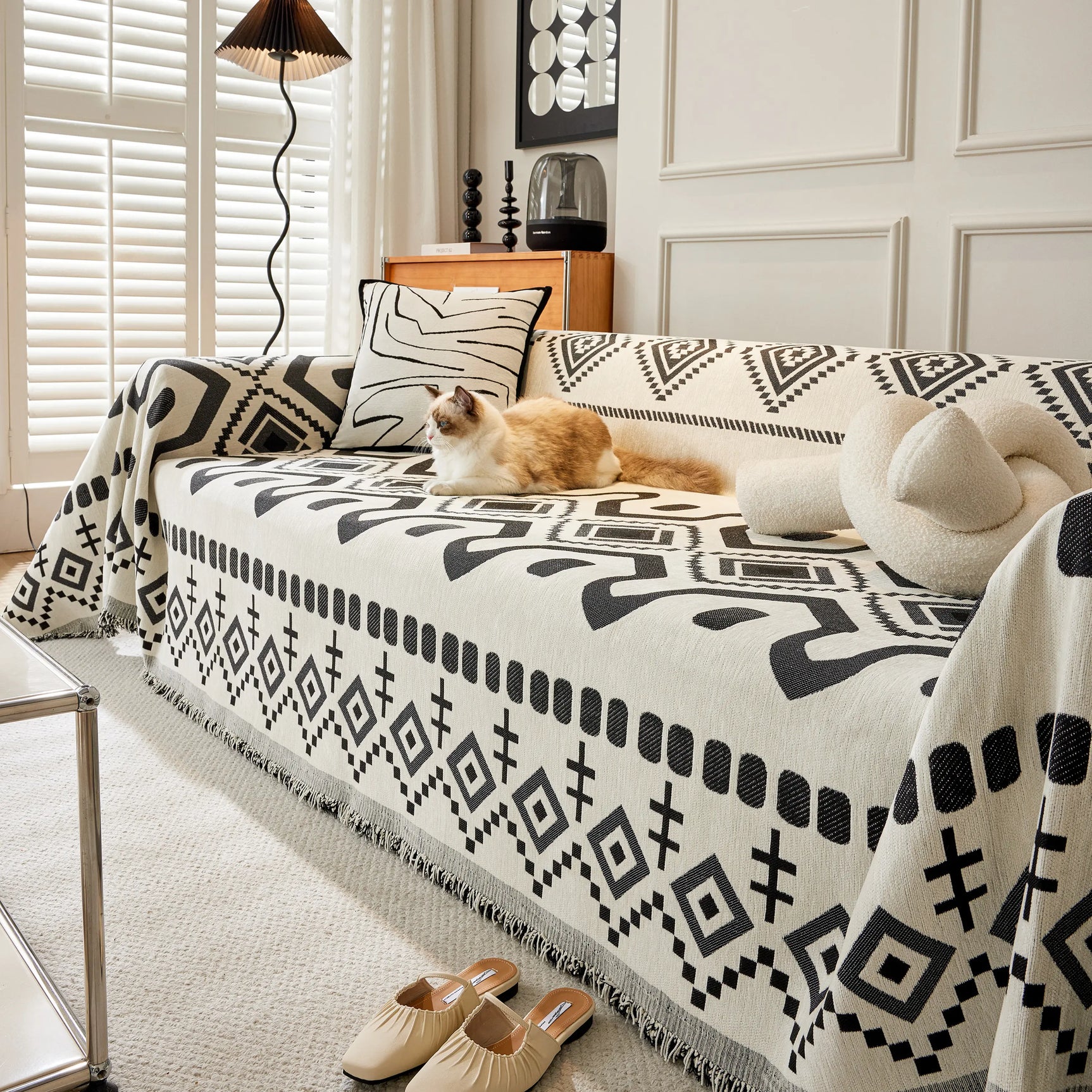 Boho Geometric Chenille Throw Sofa Cover Soft Textured Decorative Couch Blanket - Ornate Home