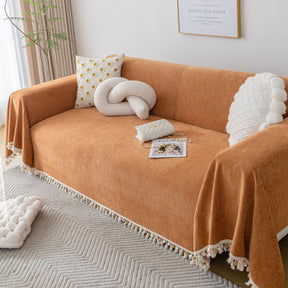 Boho Herringbone Sofa Throw Blanket with Pom Pom Tassels Stylish Furniture Slipcover - Ornate Home