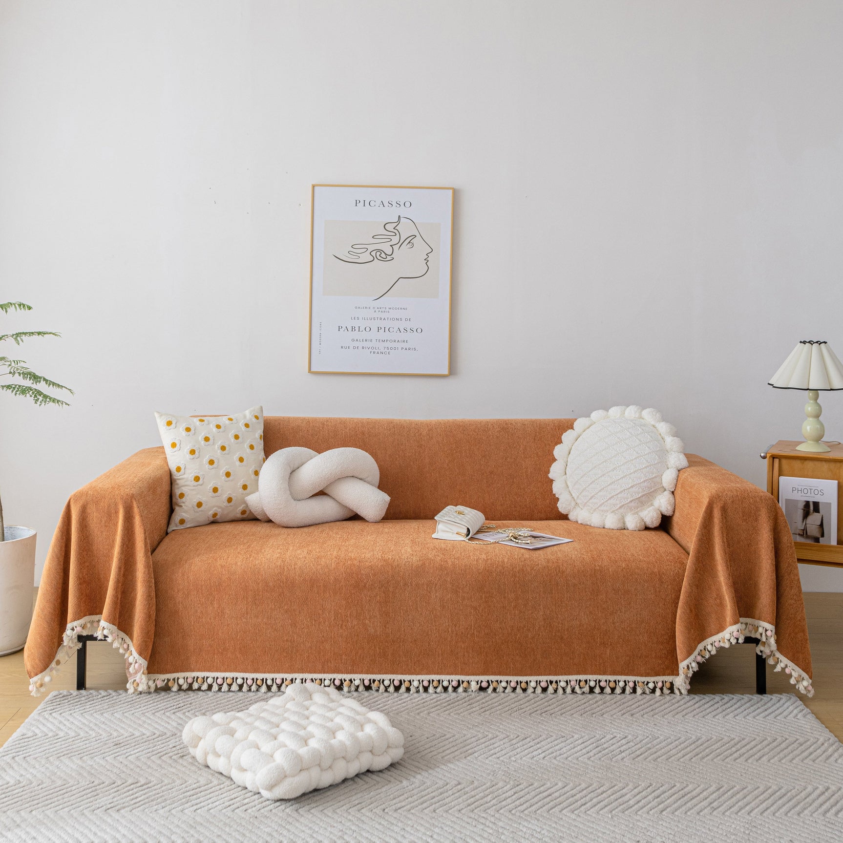 Boho Herringbone Sofa Throw Blanket with Pom Pom Tassels Stylish Furniture Slipcover - Ornate Home