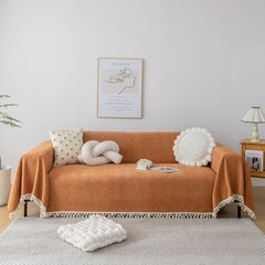 Boho Herringbone Sofa Throw Blanket with Pom Pom Tassels Stylish Furniture Slipcover - Ornate Home