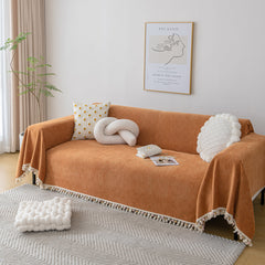 Boho Herringbone Sofa Throw Blanket with Pom Pom Tassels Stylish Furniture Slipcover - Ornate Home