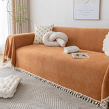 Boho Herringbone Sofa Throw Blanket with Pom Pom Tassels Stylish Furniture Slipcover - Ornate Home