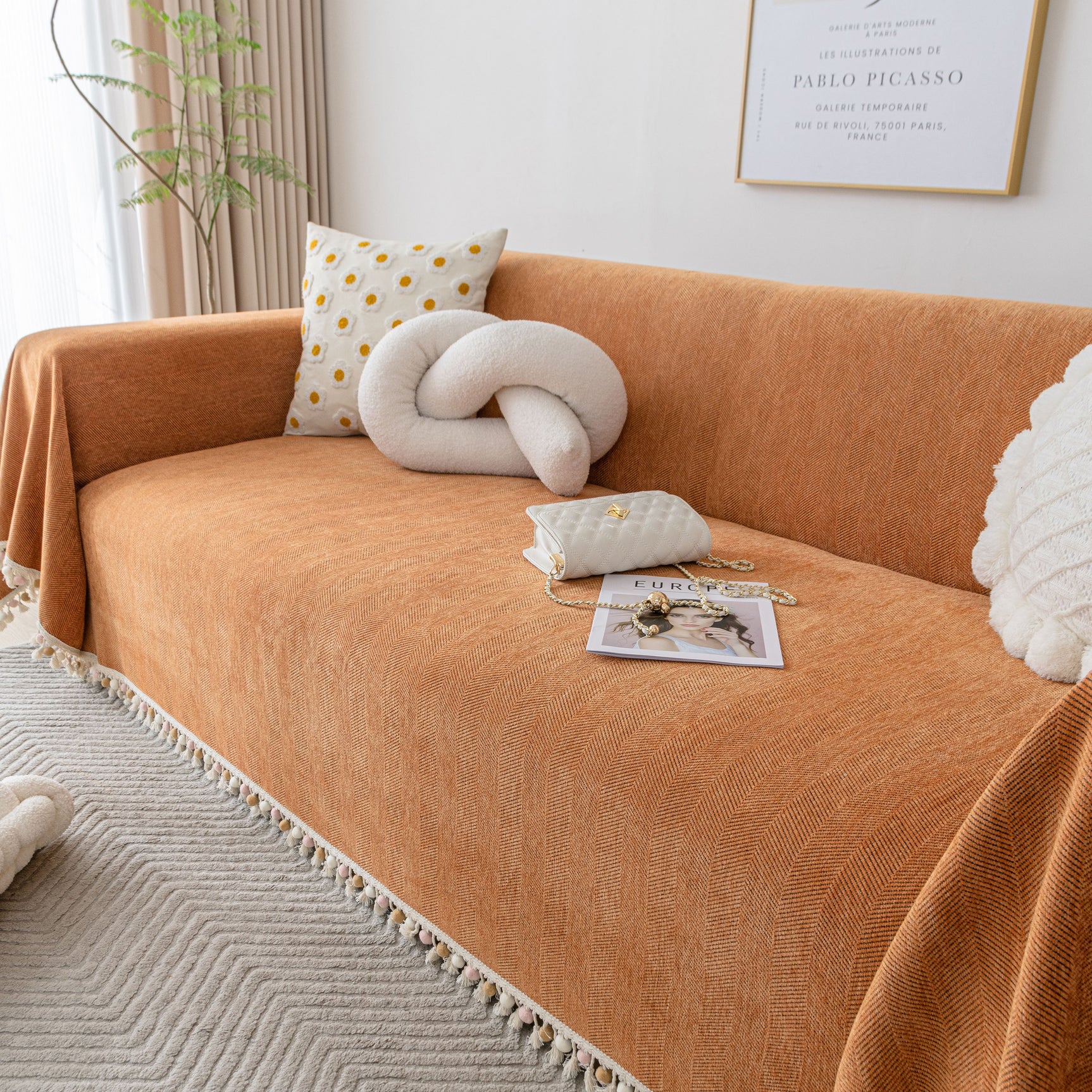 Boho Herringbone Sofa Throw Blanket with Pom Pom Tassels Stylish Furniture Slipcover - Ornate Home