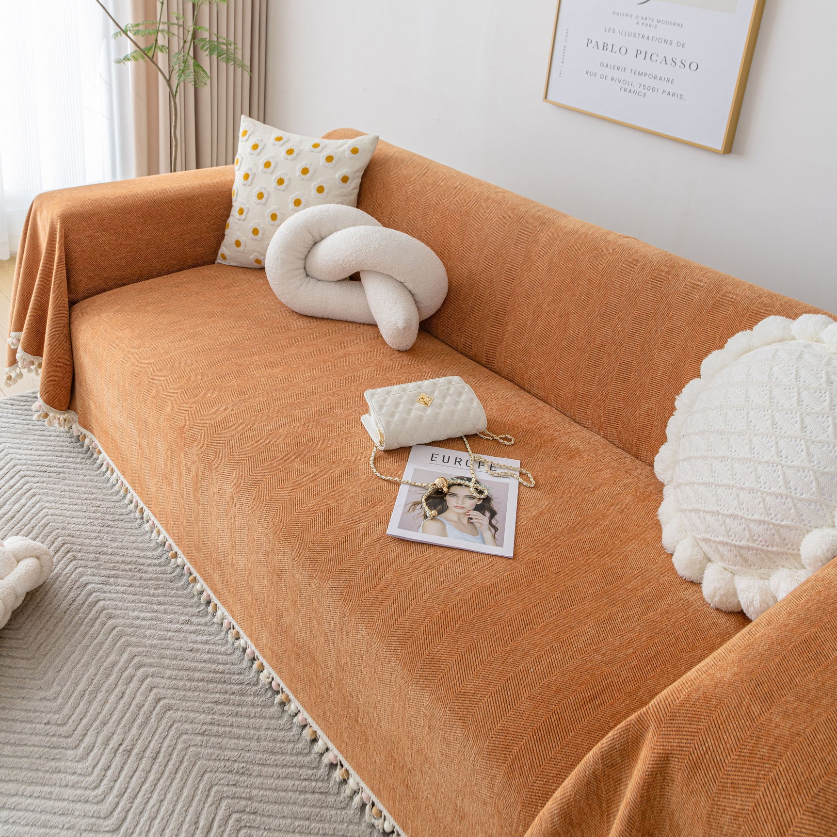 Boho Herringbone Sofa Throw Blanket with Pom Pom Tassels Stylish Furniture Slipcover - Ornate Home