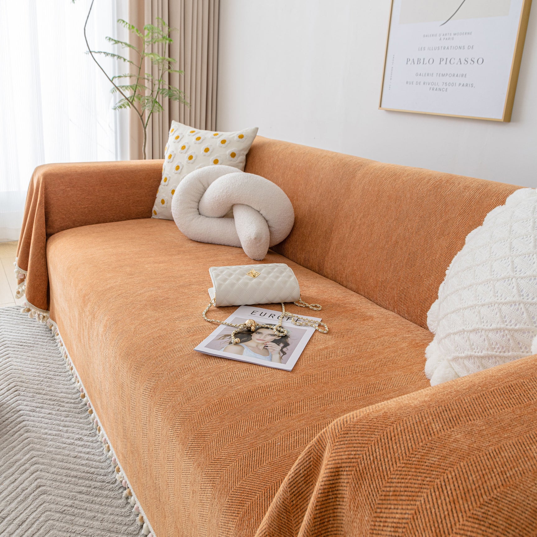 Boho Herringbone Sofa Throw Blanket with Pom Pom Tassels Stylish Furniture Slipcover - Ornate Home