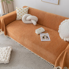 Boho Herringbone Sofa Throw Blanket with Pom Pom Tassels Stylish Furniture Slipcover - Ornate Home